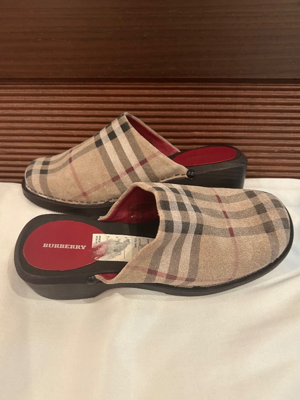 Burberry check clog suede leather wood mules 38